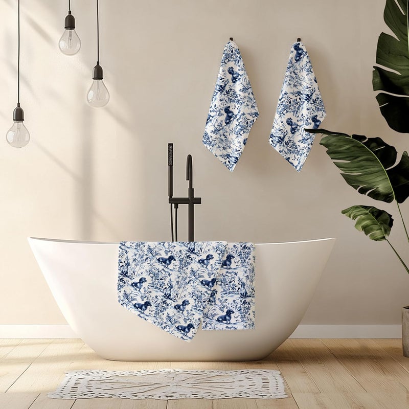 Nipil Chinoiserie Dachshund Kitchen Towels Set of 4,Blue and White Floral Botanical Dachshund Decorative Dish Tea Towels, Grandmillennial Weiner Dog Hand Towels for Kitchen Bathroom, 16x24 Inch - Image 3